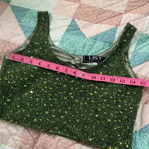 Y2K List Beaded Floral Tank Top Womens Green Vintage Italy Cropped 2000s - Picture 8 of 10